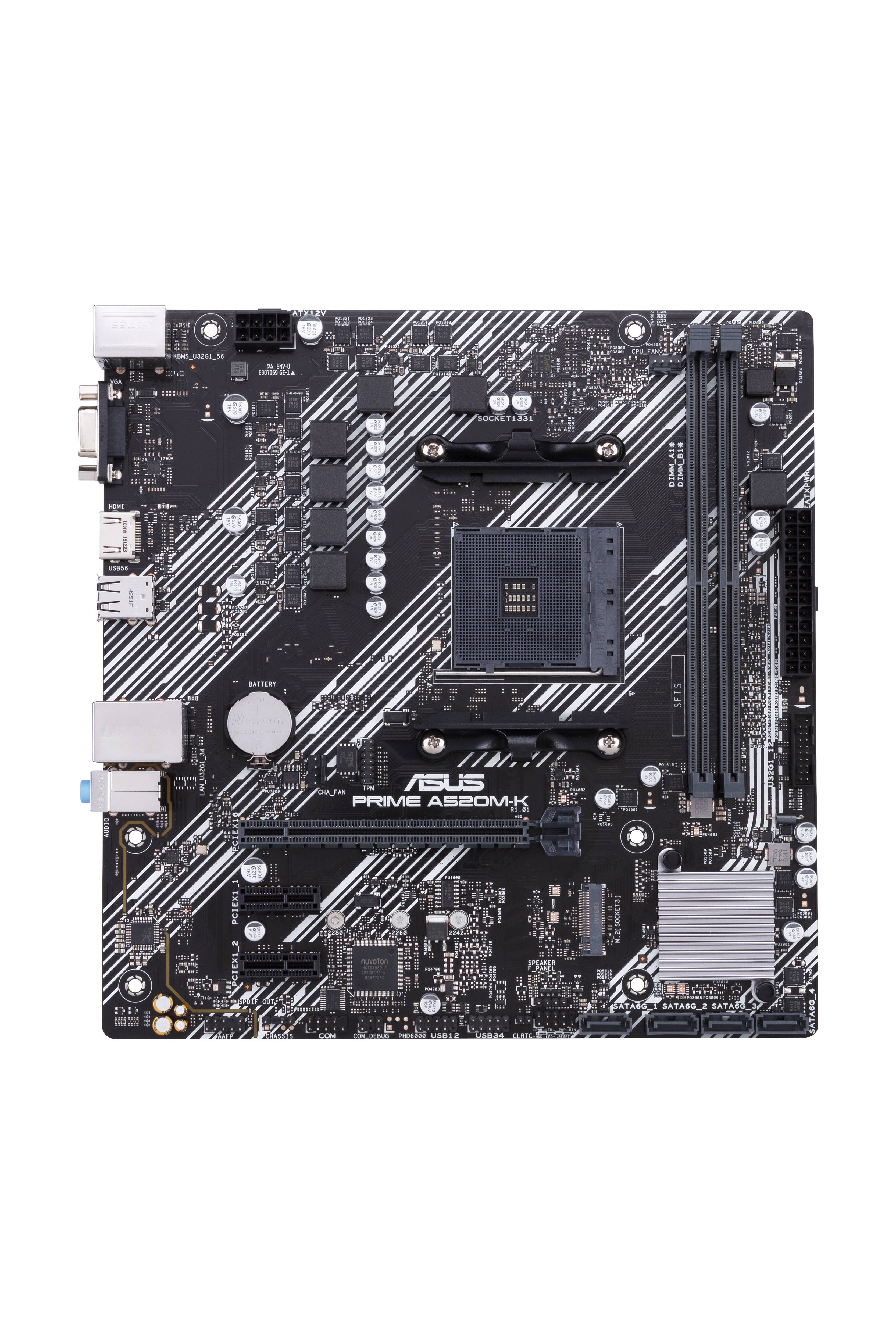AMD A520 (Ryzen AM4) micro ATX motherboard with M.2 support; 1 Gb Ethernet; HDMI/D-Sub; SATA 6 Gbps; USB 3.2 Gen 1 Type-A