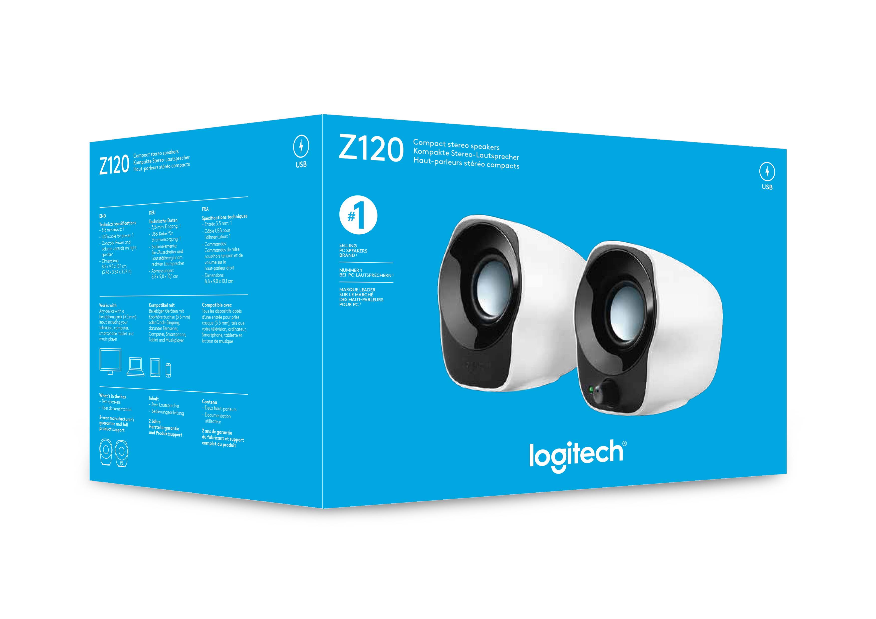 Logitech Desktop Speakers Z120 2.0 USB Powered 3.5 mm audio input  Cable management  Power and volume controls  1.2 Watts RMS