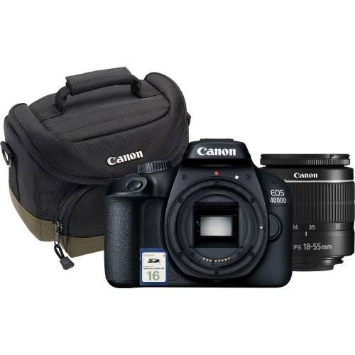 Canon 4000D 18MP DSLR Starter Bundle - BlackEF-S18-55 F/3.5-5.6 III; Canon SB130 Bag; 16Gb SD Card wi-fi