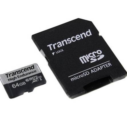 TRANSCEND 350V 64GB HIGH ENDURANCE MICRO SD UHS-I  U1 CLASS10 - READ 100 MB/S - WRITE 45MB/S - 80TBW ENDURANCE WITH SD ADPTOR